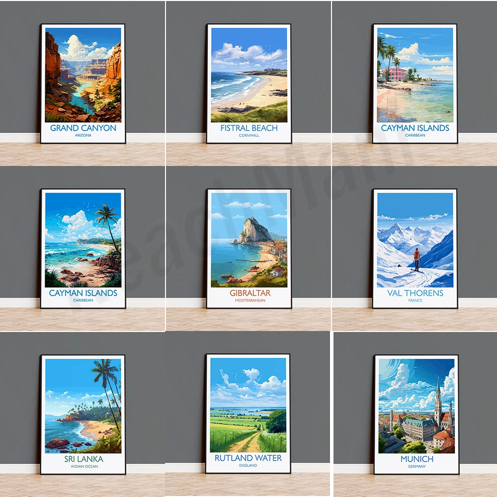 Fistral beach, Sri Lanka, Rutland Reservoir, Benidorm, Munich, Gibraltar, London Platinum Jubilee, Val Thorens ski travel poster