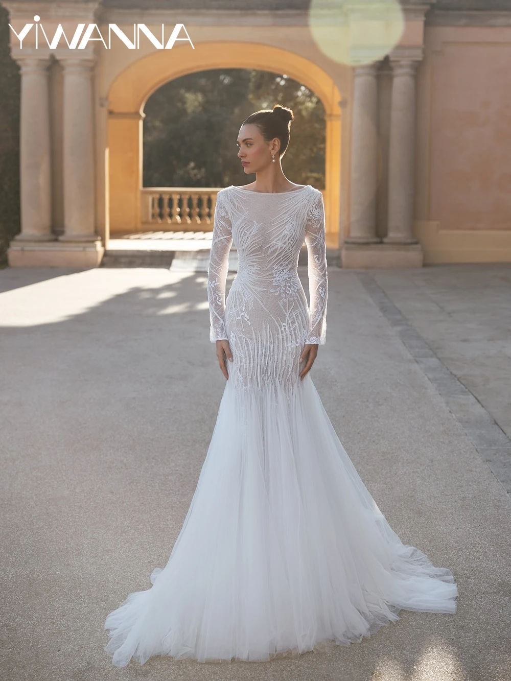 

2026 New Illusion Pearls Lace Long Wedding Dress Pleated Backless Mermaid Bridal Gown Customized Elegant Dresses For Bride