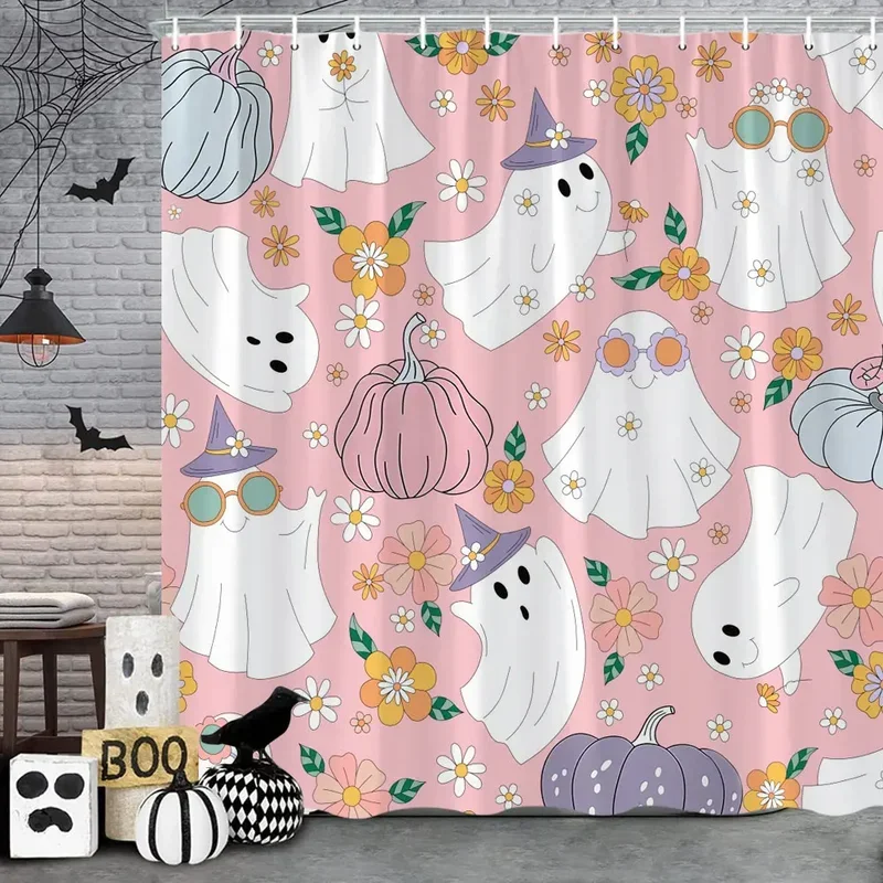 Pink Cute Halloween Shower Curtain Ghost Pumpkin Bat Skull Polyester Fabric Kids Shower Curtain Girls Bathroom Decor Strap Hooks