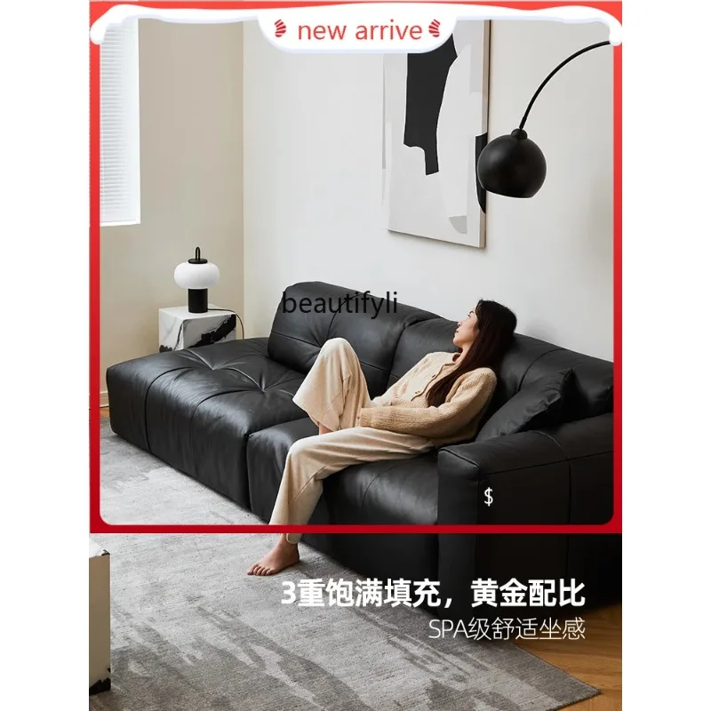 KK80   Nordic Retro Full Leather Sofa Floor Tofu Block Straight Row Leather Sofa