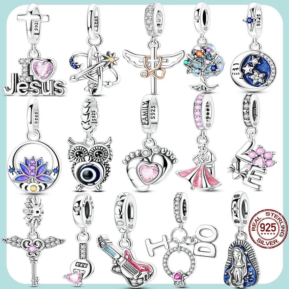 

Hot Sales Charm Bead Pendant S925 Sterling Silver Guitar I Love Jesus Charm fit Original Bracelet Woman DIY Jewelry Gift