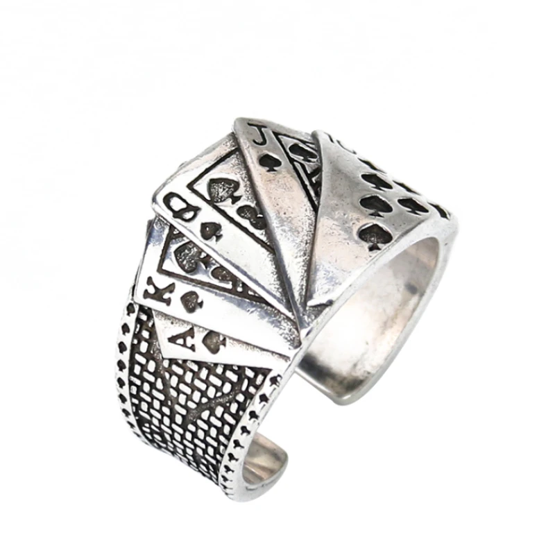 Punk Silver Color Poker Ring Fortune Playing Card Wide Cocktail Reception Ring Lucky Man Las Vegas Gambing Amulet Rock Jewelty