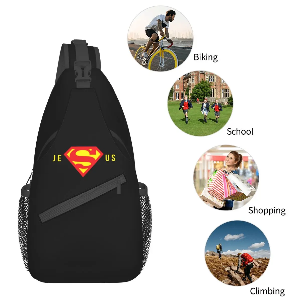 Sacs à bandoulière Super Jesus, petit sac de poitrine, sac à dos lancé par Dieu chrétien, sac à dos de jour pour voyage, randonnée, sac de cyclisme