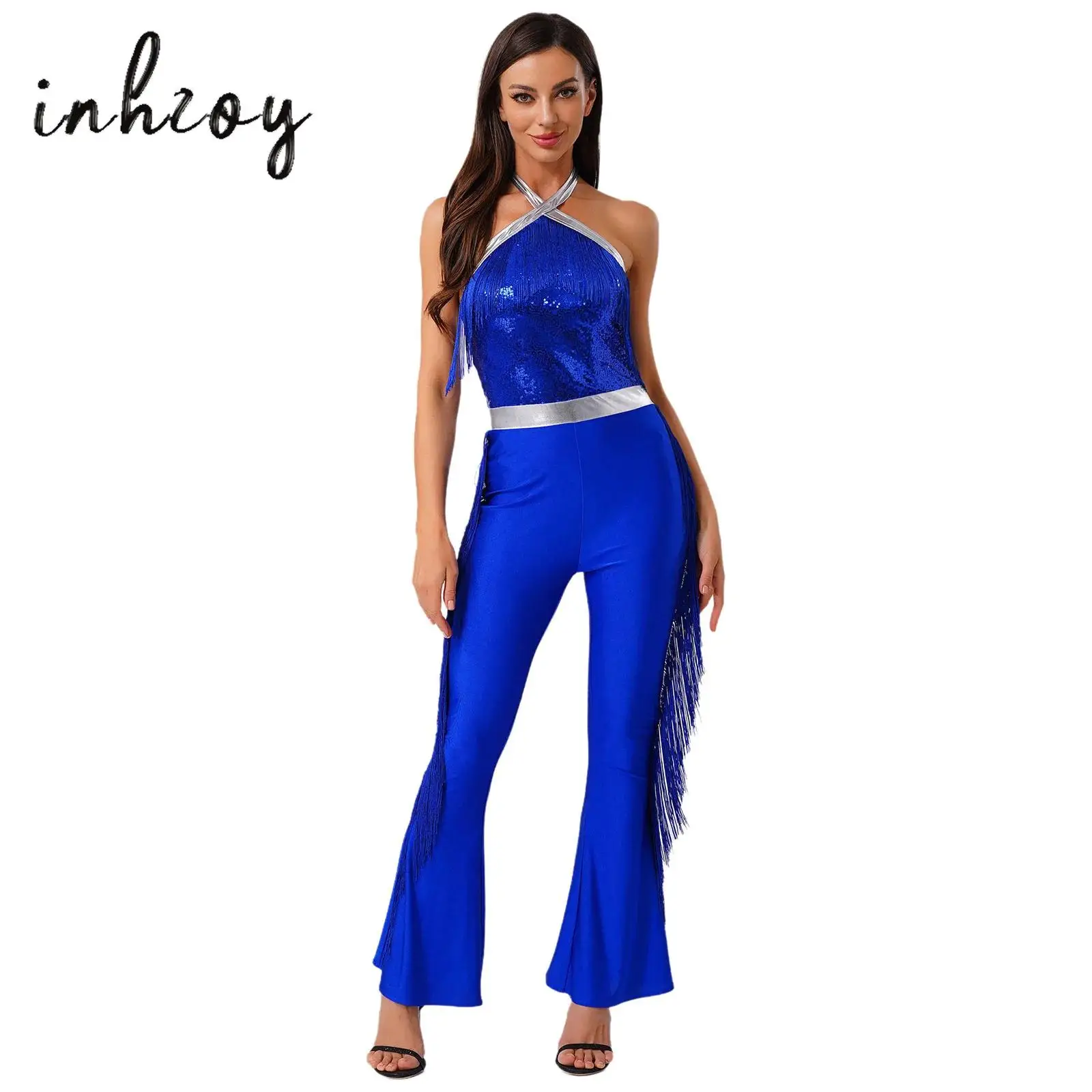 

Womens 70s Disco Latin Dance Jumpsuits Halter Sequined Bodice Metallic Shiny Trim Tassel Fringe Flared Pants One Piece Rompers