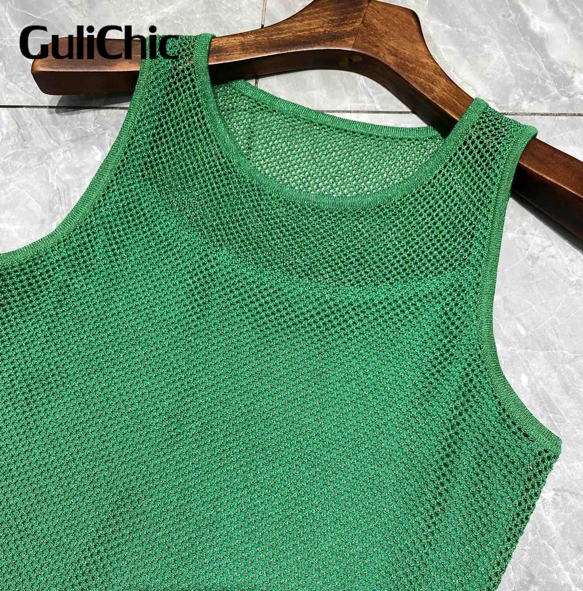 8.25 GuliChic Women Temperament Round Neck Sleeveless Kintted Hollow Out Bright Silk Slim Dress With Strap Lining