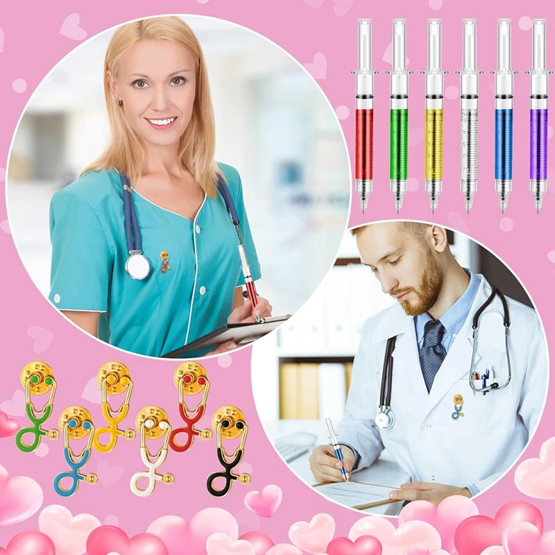 Nurses Day Gift Bulk Nurse Appreciation Gift, Syringe Pen Multi-Color Novelty Pen And Stethoscope Brooch Mini Pin Badge