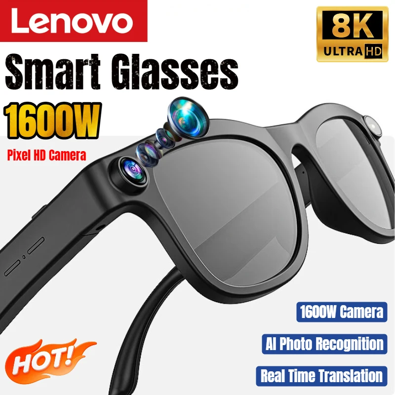 Lenovo New Smart AI Glasses 1600W HD 8K Shooting Camera Photo Voice Call Translation Bluetooth AI Camera Glasses for Men Women