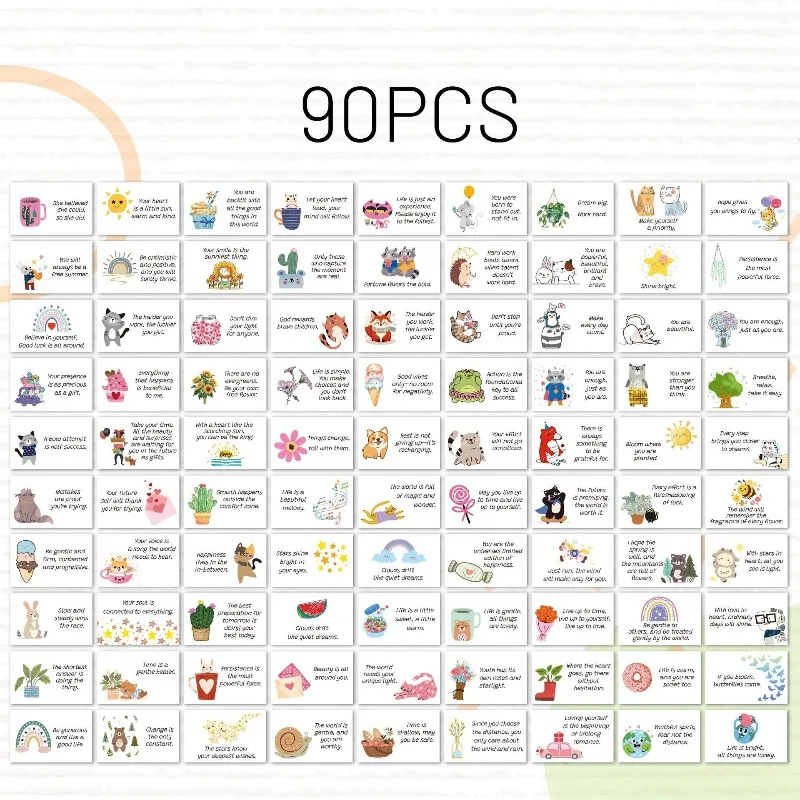 90 cartes d'affirmations inspirantes avec messages positifs, citations motivantes colorées et illustrations fantaisistes pour anniversaire