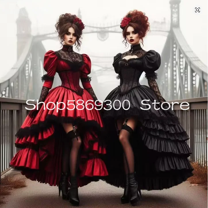 

Gothic Red Black High Low Prom Dresses Tiered Historical Victorian Corset lace-up Masquerade evening Dress Customized