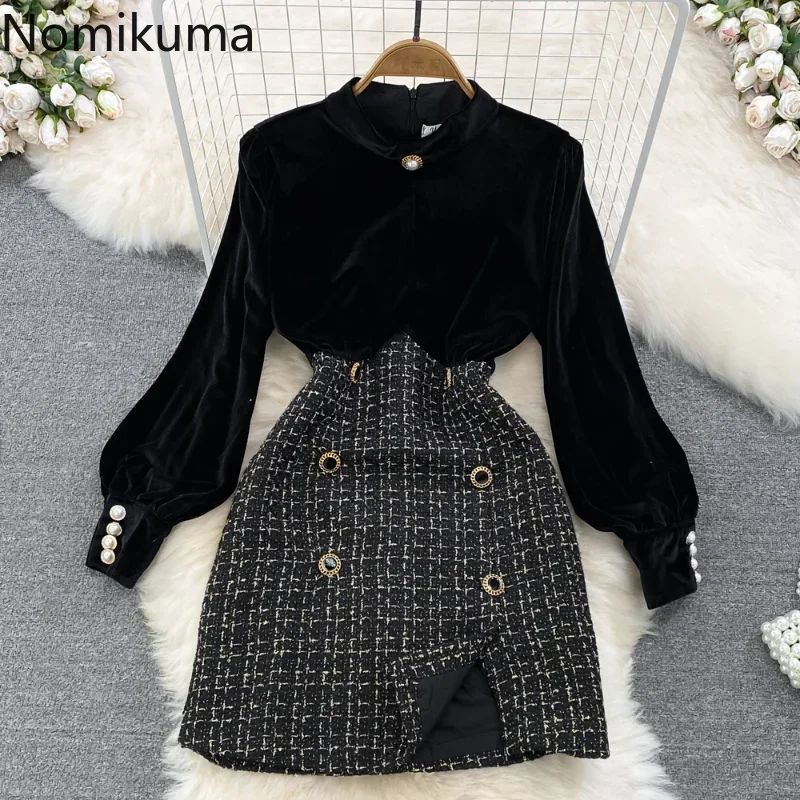 Nomikuma sukienki dla kobiet 2022, jesienno-zimowa latarnia, rękaw ze stójką, szykowna w kratę Vestido Feminino Vintage Fashion Robe Femme