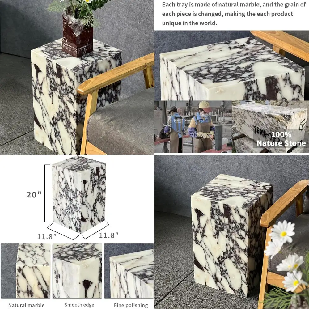 Elegant Marble Square Side Table for Modern Living Spaces, Sofa and Bedroom in Calacatta Viola Style