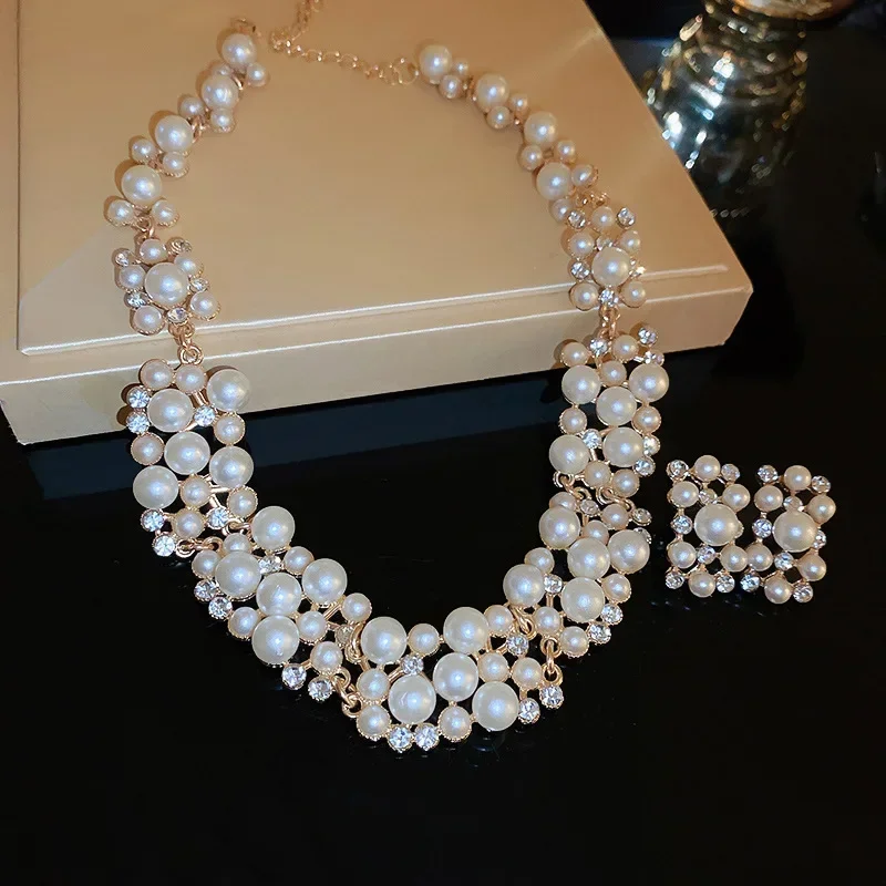 DREJEW 3 Pcs Rhinestone Pearl Earrings Necklace Set Two-piece Vintage Choker Accessory Fashion Jewelry Sets for Women Wedding