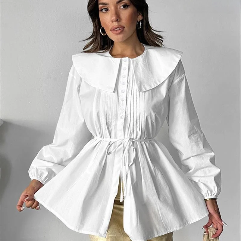 Damska sukienka w kolorze khaki z plisowanym dekoltem typu doll collar, z paskiem, wyszczuplająca talię, europejski styl, długa, oddychająca i wygodna.