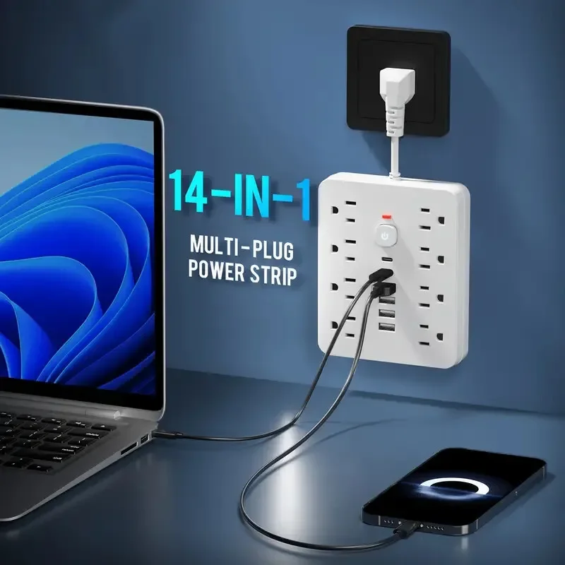 14 in 1 Multi-function Bar Plug US Ports USB Porous PD Fast Charge Aocket Fireproof Desktop Charging Station New