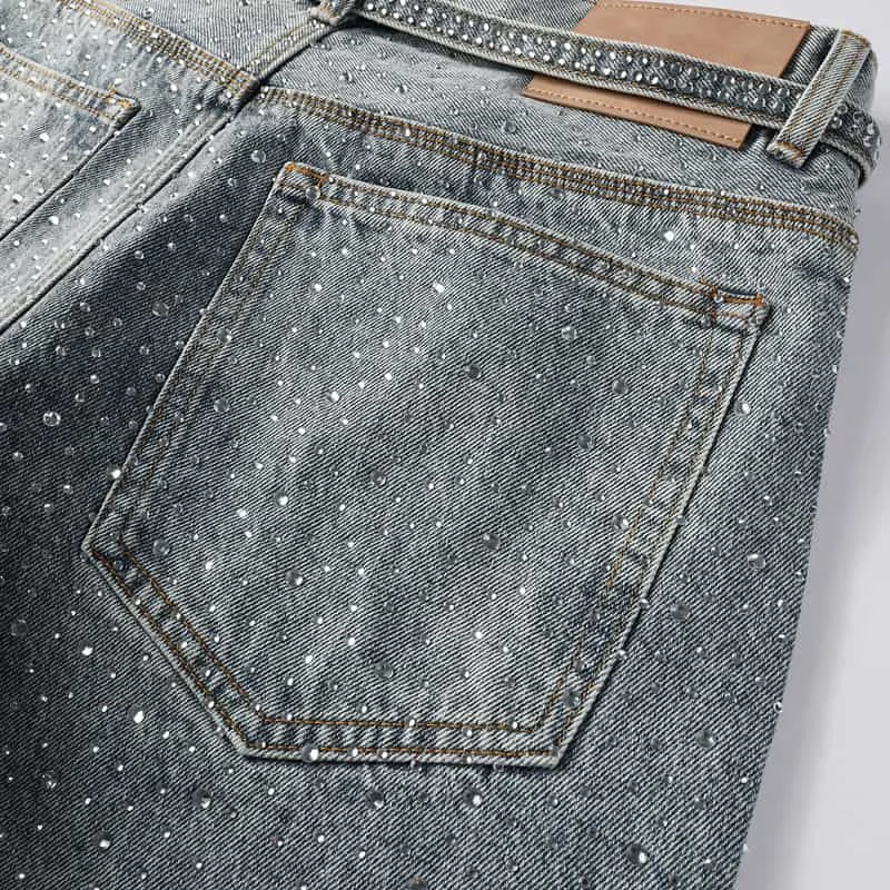 2025 nova moda pu diamante-incrustado em linha reta cintura alta jeans masculino retro rua solta casual calças de perna larga