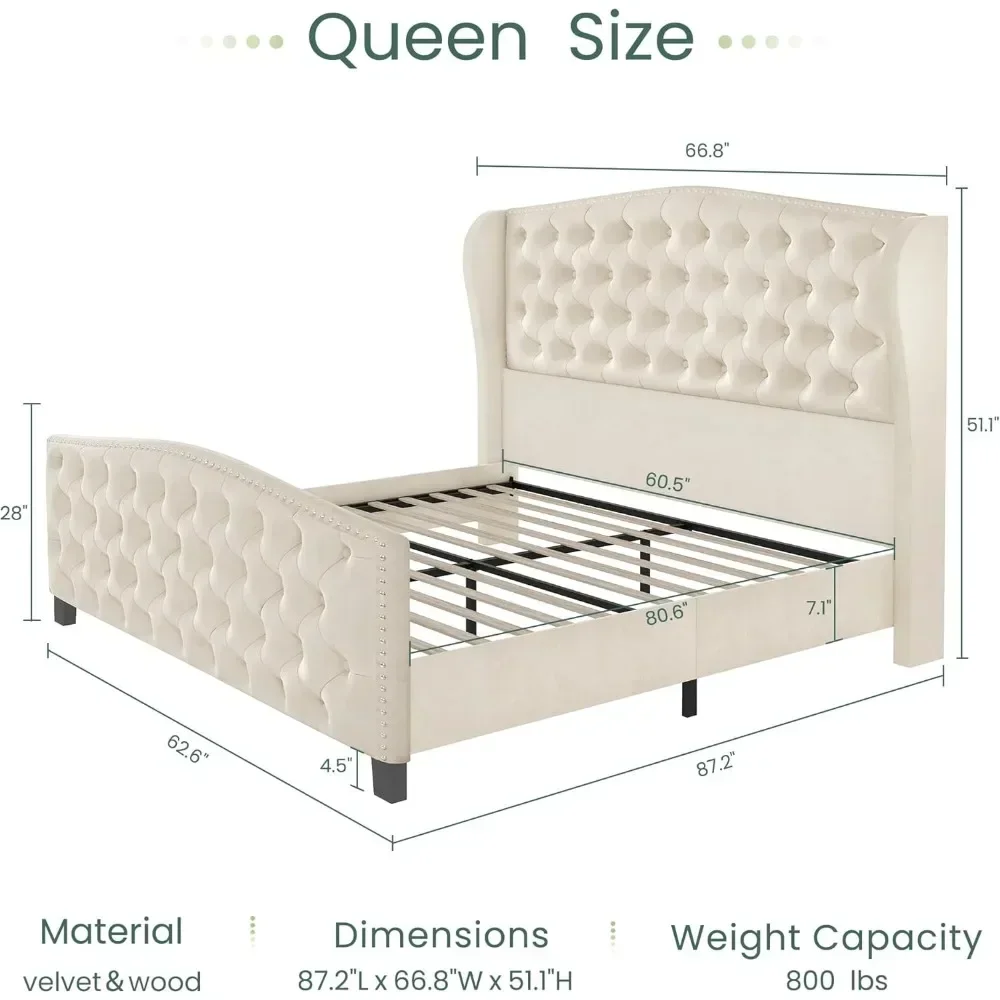 Queen Size Bed Frame Velvet Platform Bed with Wingback Headboard & Footbaord Upholstered Beds Deep Button Tufted Bed Frame