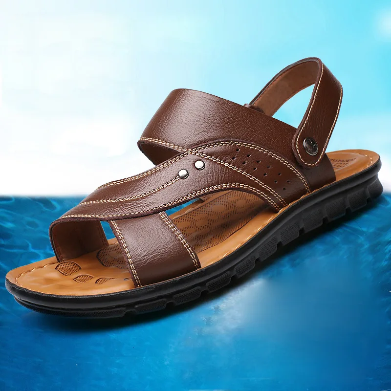 2024 Summer New Men\'s Sandals and Slippers Size 37-46 Men\'s Genuine Leather Beach Shoes Dual purpose Casual Fashion Slippers