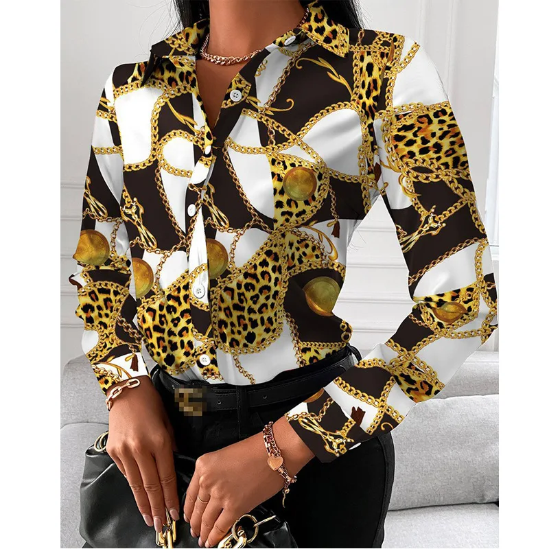 Women\'s Casual Button Long Sleeve Shirt, Patchwork Slim Tops, Elegant Blouse, Vintage Office Print Shirts, Summer Fashion, 2024