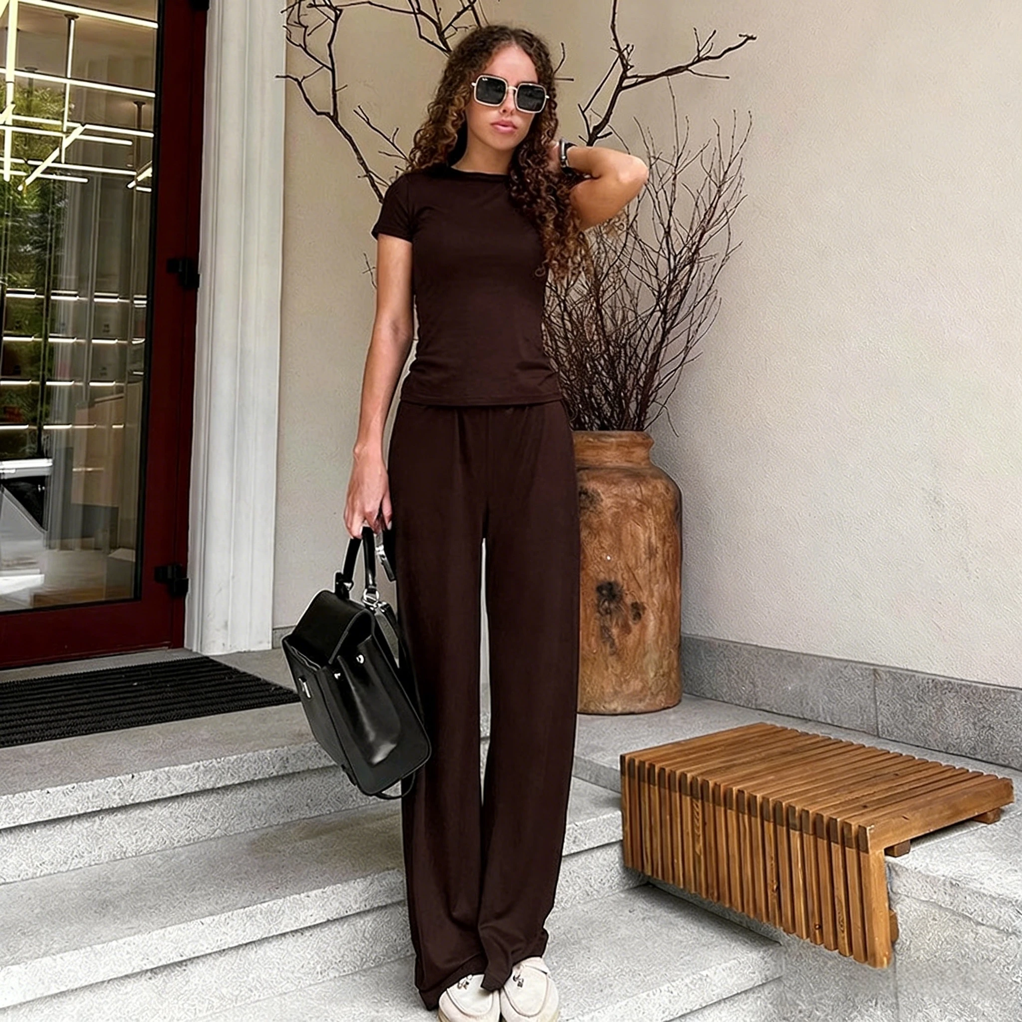 

Apprabant Solid Color Slim Fit Elastic Waist Pants Set Round Neck Short Sleeve Pullover Tops Fashion Wide Leg Trousers Suit