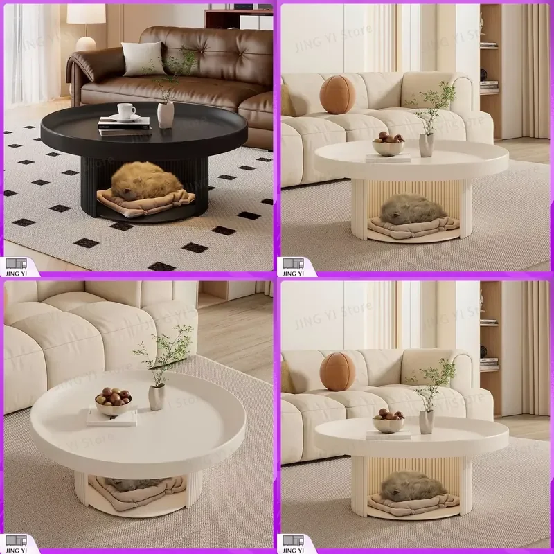 French Cream Retro Round Low Coffee Table for Small Apartment Living Room Sofa Side Table Vintage Home Decor Pet Friendly
