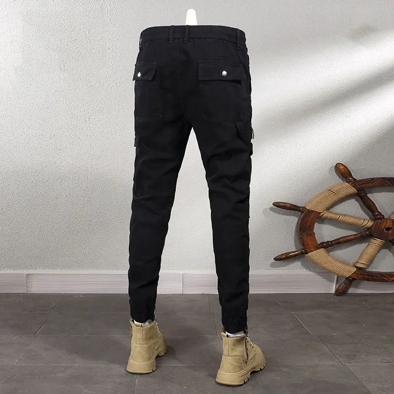 Pantalones vaqueros elásticos informales para Hombre, pantalones Cargo de pierna ancha, color caqui y negro, estilo Hip Hop, diseñador empalmado, moda urbana