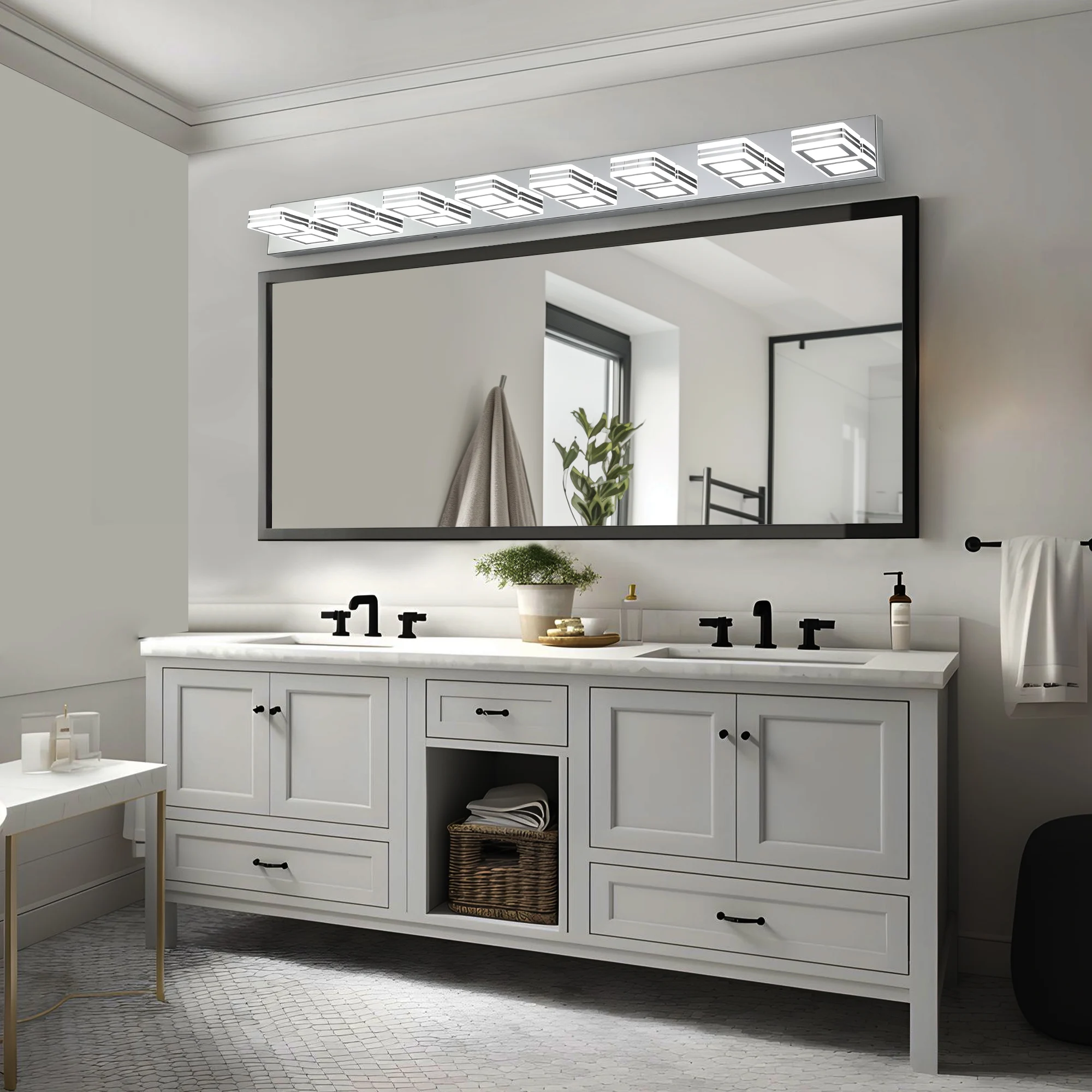 8-Lights Modern LED Bathroom Vanity Lights Over Long Mirror Acrylic up and Down Matte Chrome Bath