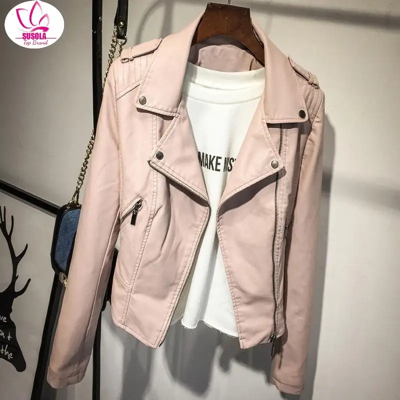 Women\'s Leather Jacket Spring Autumn Pink, Black Slim Cool Lady PU Faux Leather Jacket Women\'s Basic Zip Jacket Street Jacket