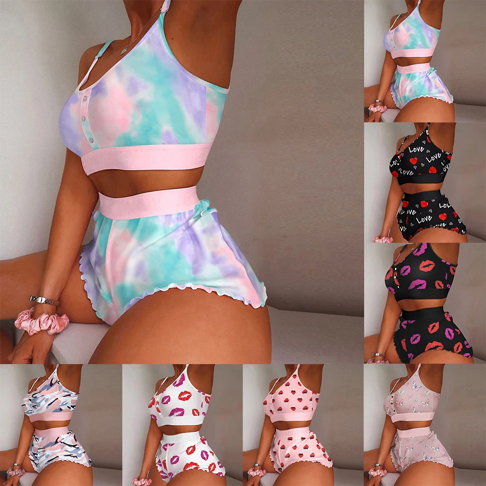 

Summer Pajamas Womens Fashion Print Pajamas-Set Vest Bra Top Short Female Sleepwear Sexy Nightwear Erotic Lingerie