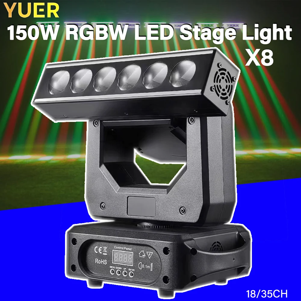 

YUER 8 шт. 6X20 Вт светодиодный светильник с подвижной головкой 150 Вт RGBW DMX512 сценическое освещение 0-20 Гц стробоскоп для концертов, клубов, театра, мероприятий, DJ-баров