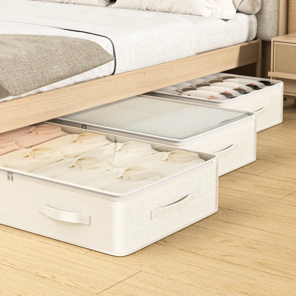 

Подстилка для хранения, большие складные контейнеры для хранения одежды с ручкой и крышкой, бежевый ящик-органайзер для хранения под кроватью