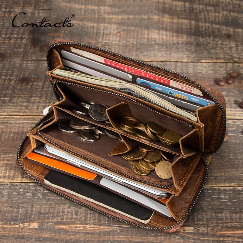 CONTACT\'S RFID Men Wallet Genuine Leather Clutch Wallets Male Casual Long Purse with Phone Pocket Large Capacity Card Holder Bag