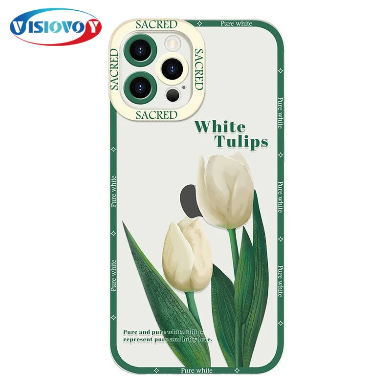 Capa de Telefone Tulipa Minimalista para iPhone, Anti Drop, Capa Protetora Traseira, Bela Flor Padrão, Novo, 15, 14, 13 Pro Max