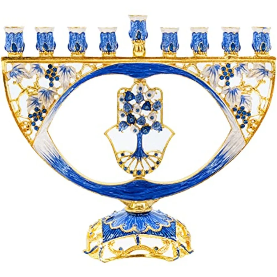 

Изысканно расписанный вручную художественный эмалевый подсвечник Хамса для Хануки, подходит для всех стандартных ханукильских свечей - Менора