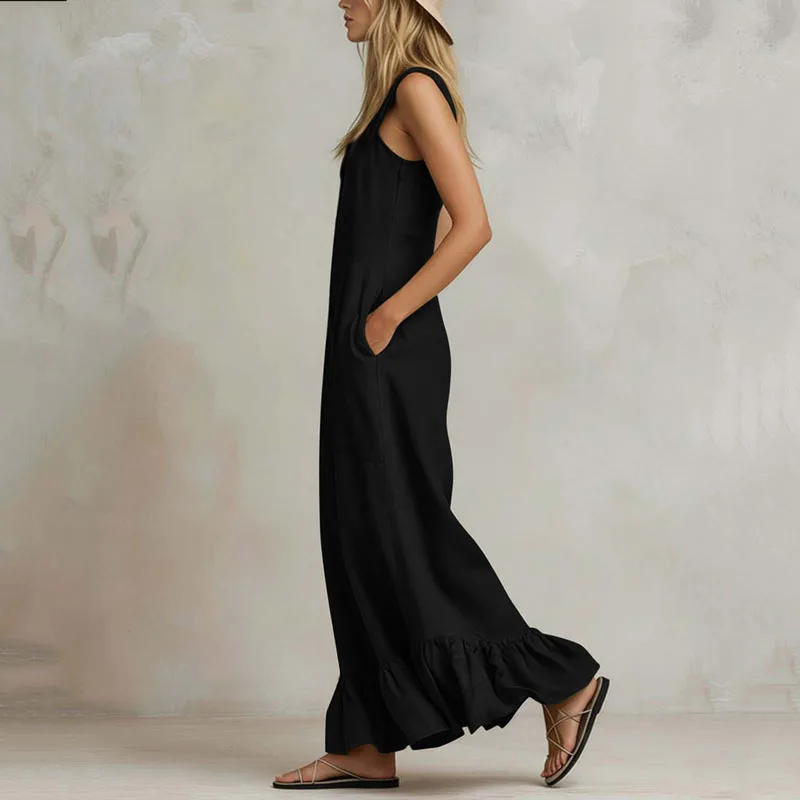 Women Retro Casual Solid Sleeveless Jumpsuit Office Wide Leg Ruffle Hem Loose Overalls Summer Square Neck Pocket Button Playsuit