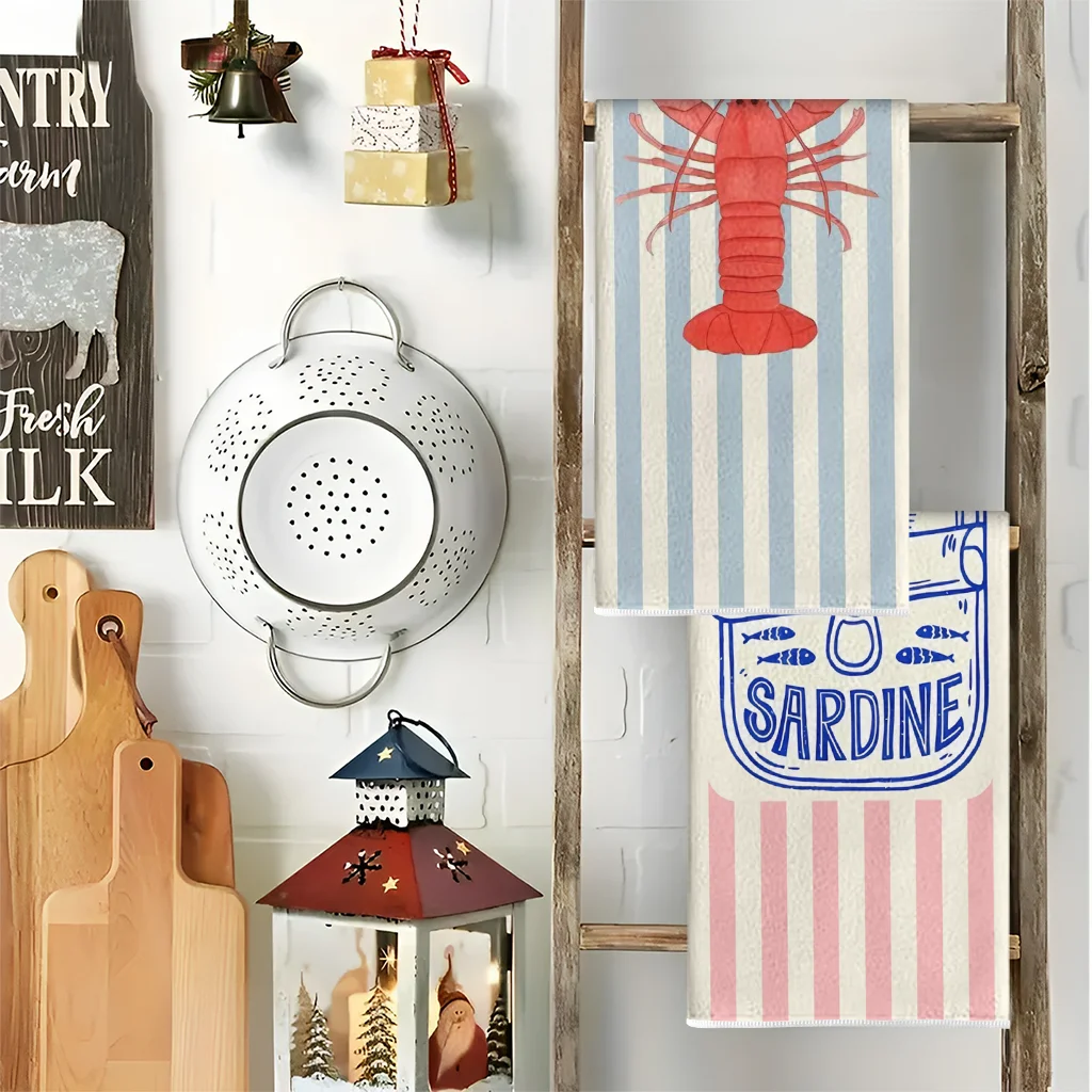 قطعتان من مناشف المطبخ المخططة العتيقة على شكل جراد البحر والسردين، مجموعة مناشف 40 سم * 60 سم، قماش تنظيف ناعم فائق الامتصاص، منشفة شاي الخبز، منشفة يدوية، قماش تنظيف، ديكور المطبخ، أساسيات المطبخ، أساسيات المنزل #4