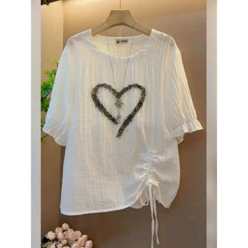 Oversized T-shirts for Women Summer Trend Thin T Shirt Fashion Design Drawstring Splicing Loose Versatile Short Sleeved Tops