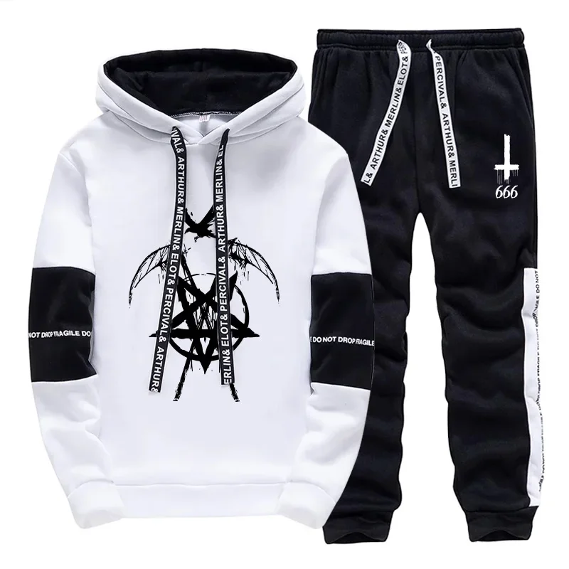 Men's Sweatshirts Sweatpants High Grade Satan 666 Symbol Print Hoodie 2 Piece Set Autumn Winter Daily Casual Sporty Jogging Suit