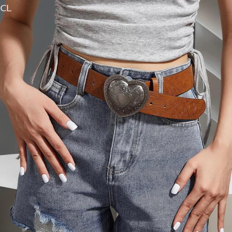 Liebe Herz Form Schnalle frauen Gürtel Mode Casual Kleid Jeans Zubehör Gürtel Gothic Retro Braun Pu Leder Bund