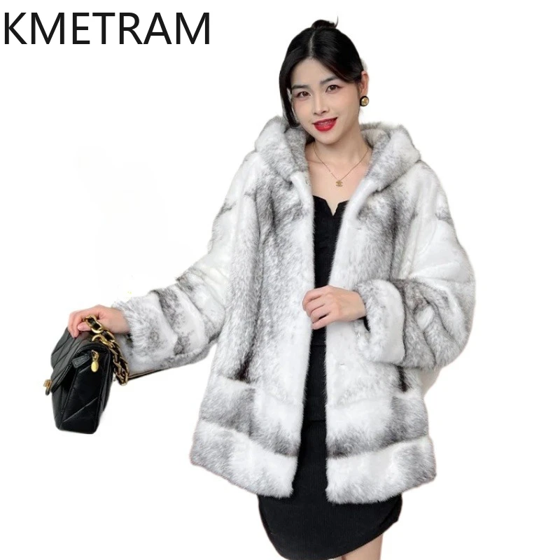 KMETRAM 100% Mink Fur Jacket Woman Luxury Batwing Sleeve Real Fur Coat with Hood 2025 Winter Coats Women Clothing шуба женская