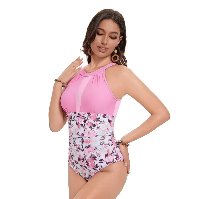 Traje de baño de una pieza con espalda descubierta para mujer, Tankini Sexy con cuello Halter, ropa de playa de malla Floral transparente, novedad de verano