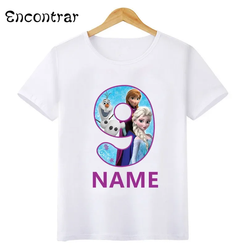 Disney Princess Frozen Elsa Anna Number Bow Print T shirt Kids Clothes 1 2 3 4 5 6 7 8 9 Years Birthday Girls T-Shirts Baby Tops