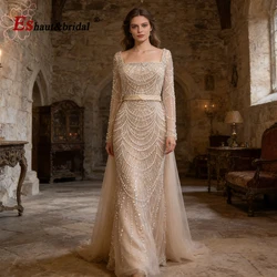 Elegantes nacktes Meerjungfrau-Perlen-Abendkleid für Frauen, abnehmbarer Rock, 2024, lange Ärmel, formelles Abschlussball-Hochzeitskleid, individuell gestaltet