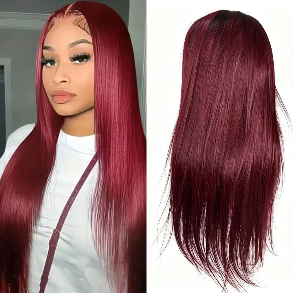 

99J Burgundy Straight Human Hair Wig, 13x6 HD Transparent Lace Front Wig Glueless, Pre Plucked Hairline Bleached Knots with Baby Hair, Silky Straight Lace Frontal Wig Natural Look for Black Women Daily Party Wear