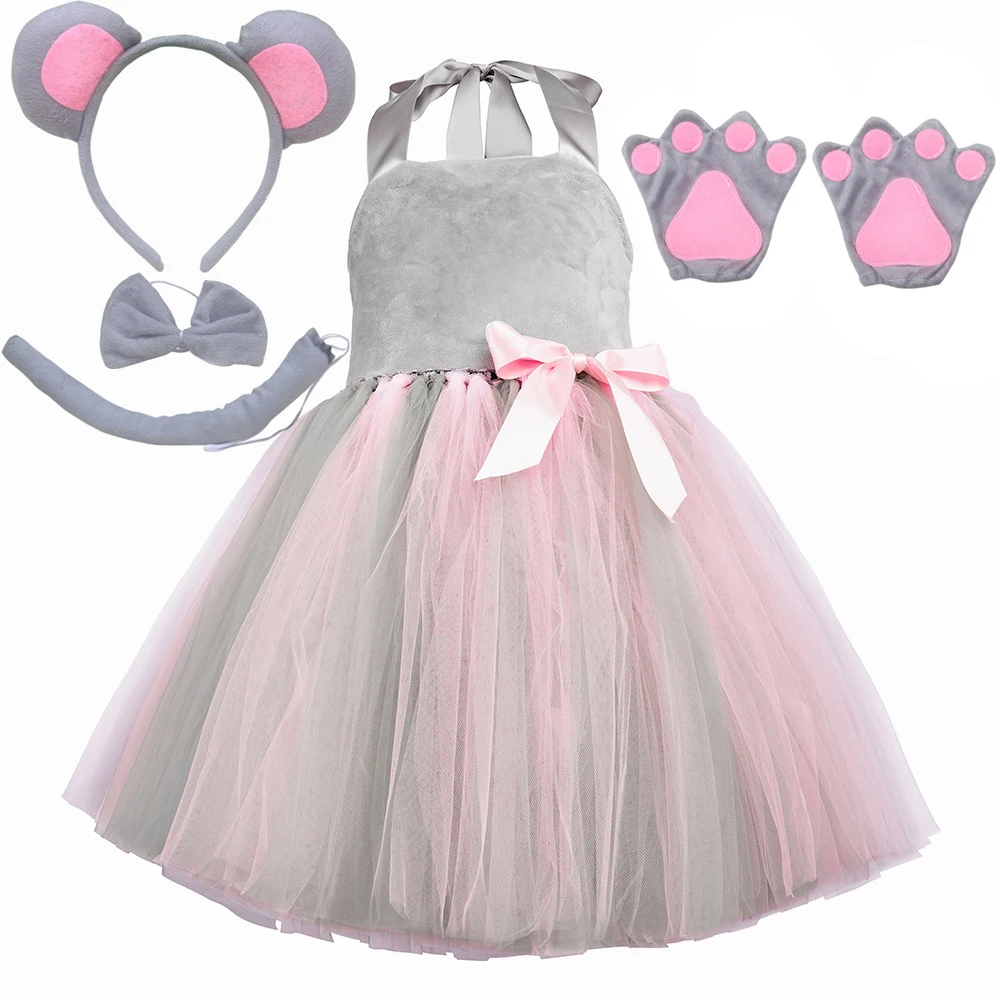 Girls Mouse Tutu Dress Pink Gray Cartoon Animal Mice Rat Costume Outfits Toddler Kids Halloween Carnival Birthday Party Dress Up
