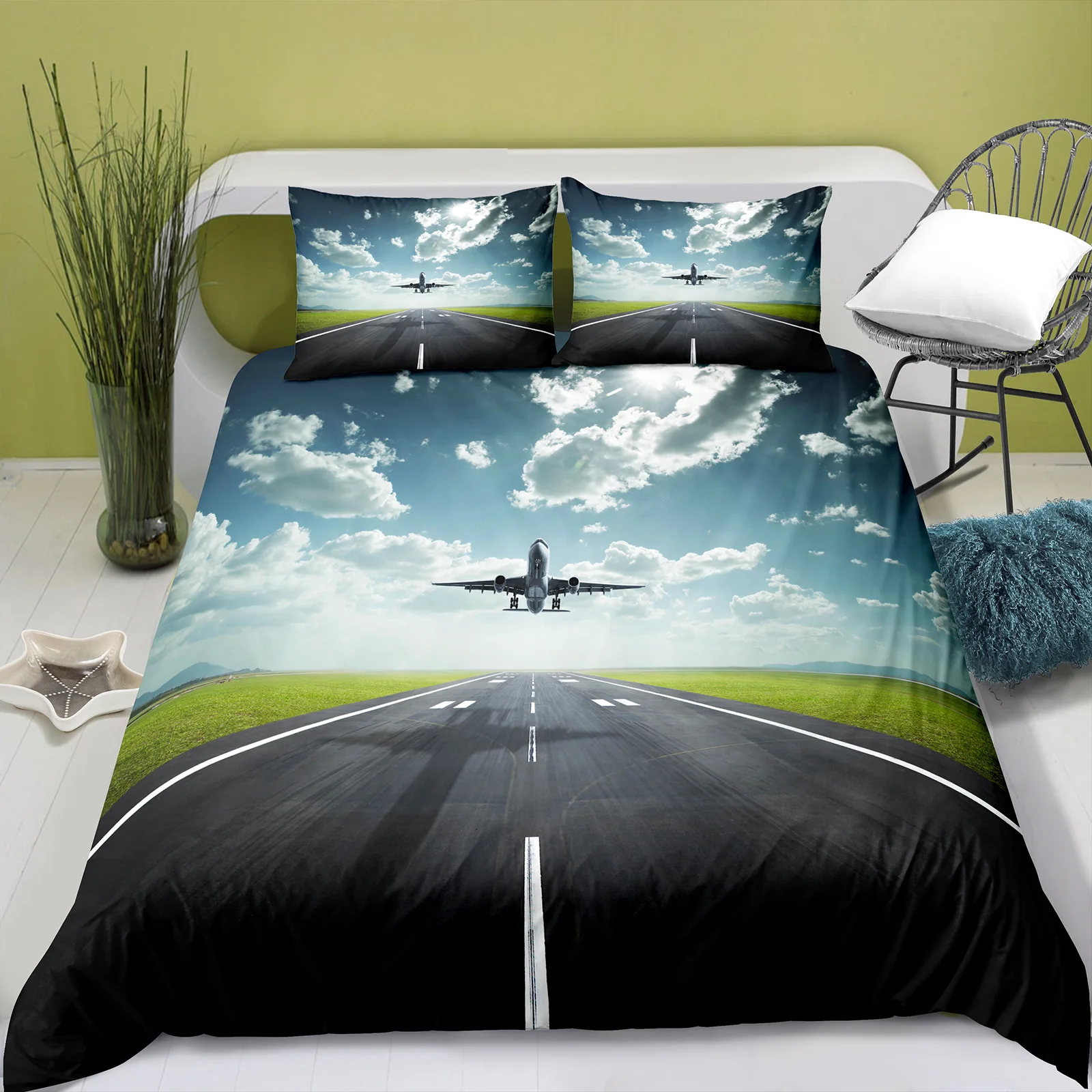 Kids Boys Airplane Duvet Cover King Queen Blue Sky Aviation Aircraft Runway Bedding Set Modern Airplane Polyester Quilt Cover