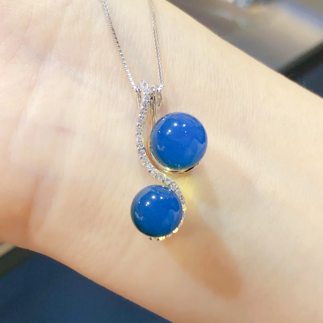 Mexican Blue Amber Pendant Necklace with 8mm 9mm Beads Sterling Silver 2 in 1 Minimalist Collar Jewelry for Women