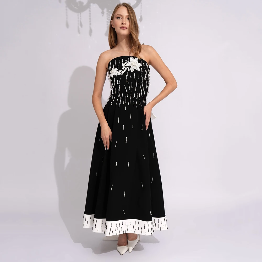 

Customized Strapless Draped Jersey Evening Dress Contrast Color Crystal Backless Party Dress A-line Ankle Length Prom Gown