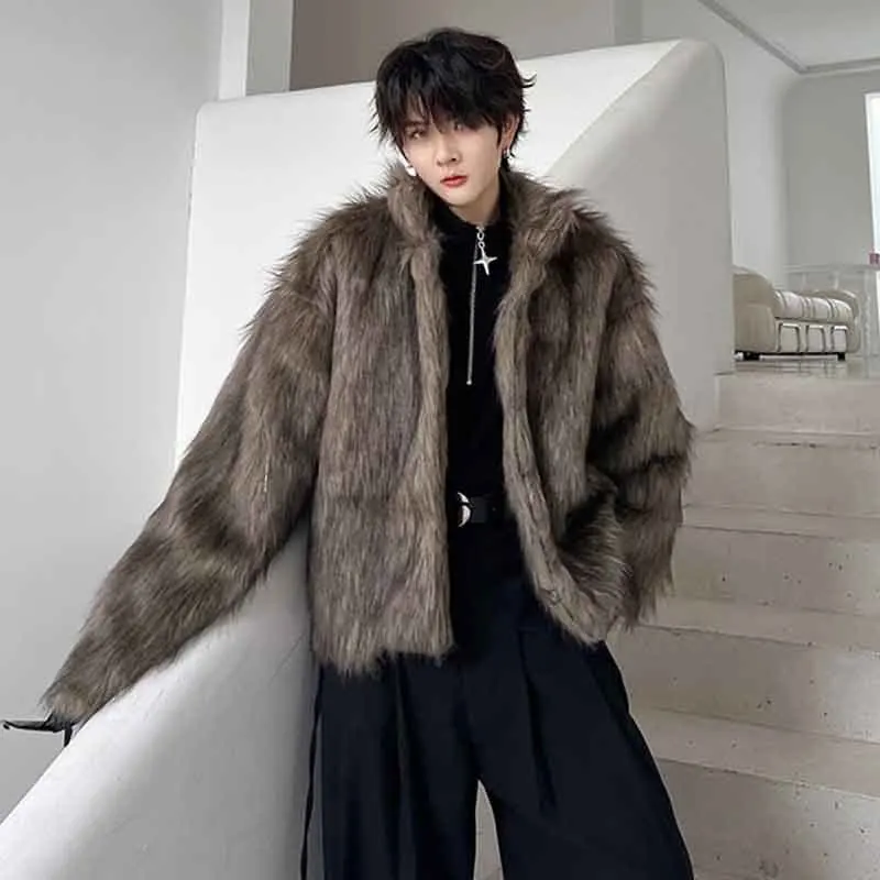 SYUHGFA 2024 Winter Men\'s Dark Faux Fur Cotton Coat Fashion Korean Style Loose Woolen Cardigan Jackets Trend Male Autumn New