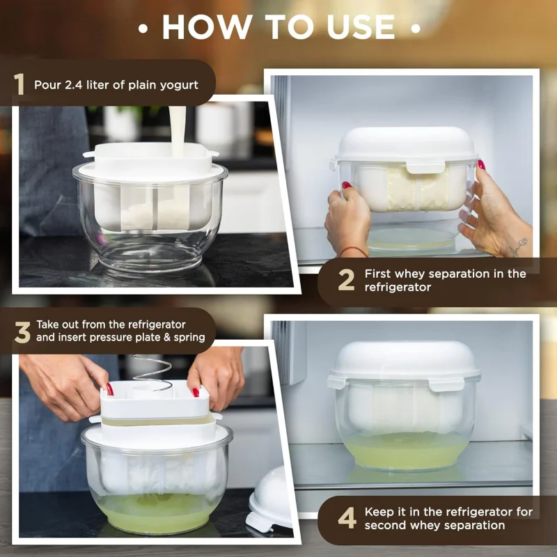 صانع الزبادي اليوناني مع مصفاة شبكية دقيقة ولوحة ضغط قابلة للفصل، مزدوجة كحاوية تخزين بغطاء - مثالية للصنع #3