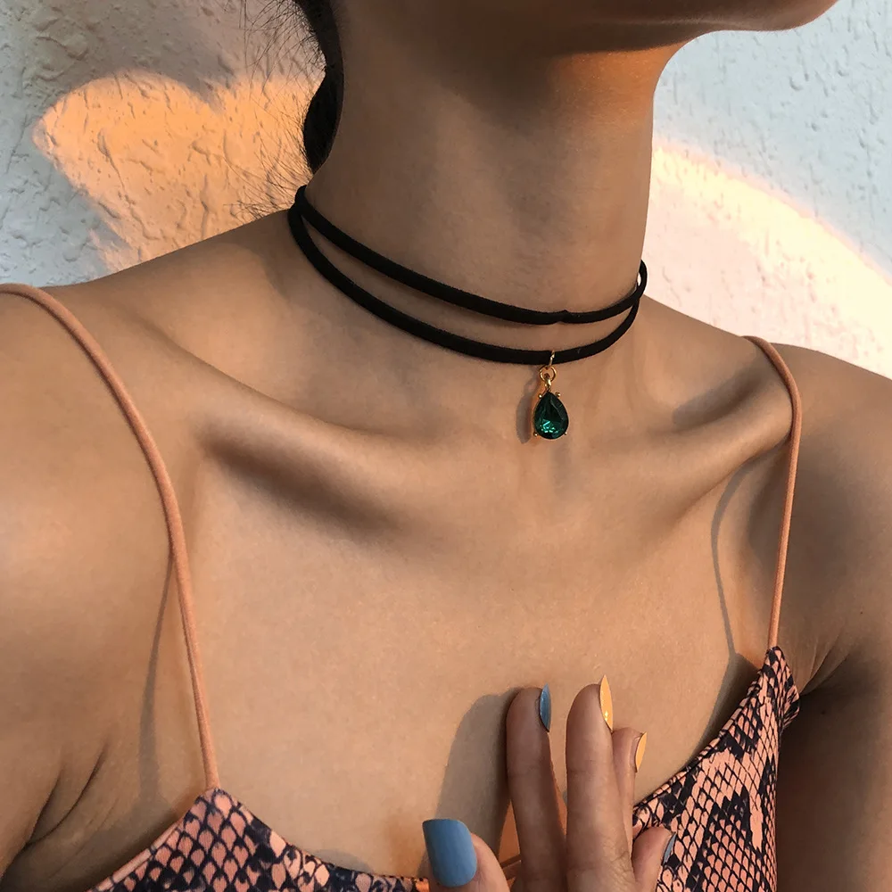 Harajuku Style Vintage Choker for Women Double Layers Necklace Temperament Water Drop Pendant Clavicle Chain Girl Jewelry Gift